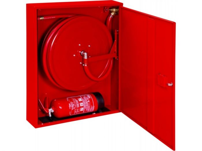 Hydrant DN 25 smukły, zawieszany, kombi pionowy doprowadzenie boczne uniwersalne zamek patent wąż 20 m 780 x 1000 x 180 mm RAL 9016 biały