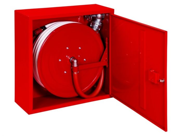 Hydrant wewnętrzny DN 33 zawieszany bez miejsca na gaśnicę, doprowadzenie boczne uniwersalne zamek patent wąż 20 m 780 x 800 x 280 mm RAL 9016 biały