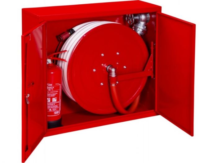 Hydrant DN 33 zawieszany, kombi doprowadzenie boczne uniwersalne zamek patent wąż 20 m 900 x 800 x 280 mm RAL 9016 biały