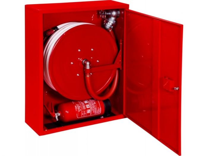 Hydrant wewnętrzny DN 33 zawieszany, kombi pionowy doprowadzenie boczne uniwersalne zamek patent wąż 30m 780 x 1000 x 280 mm RAL 3000 czerwony
