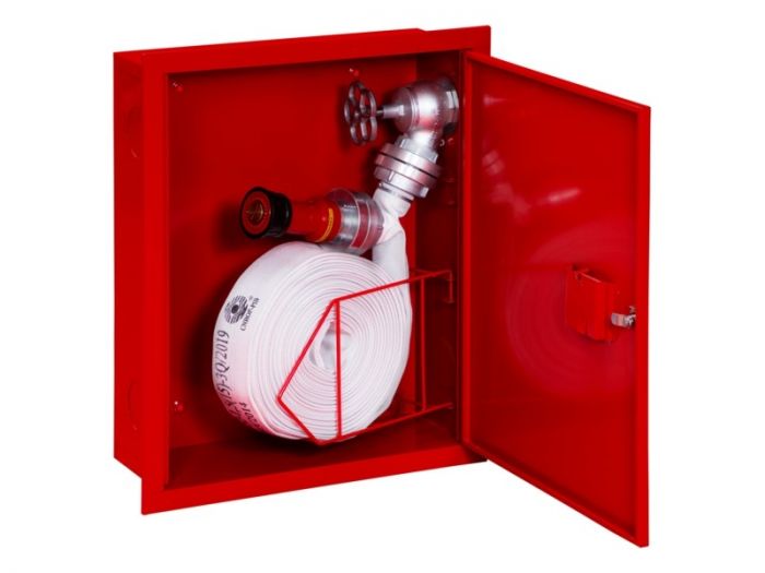Hydrant DN 52 wnękowy doprowadzenie boczne uniwersalne wąż w koszu, zamek patent wąż 15 m 480 x 600 x 180 mm RAL 9016 biały
