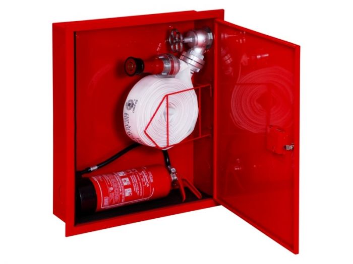 Hydrant DN 52 wnękowy, kombi pionowy doprowadzenie boczne uniwersalne wąż w koszu, zamek patent wąż 20 m 600 x 740 x 180 mm RAL 9016 biały