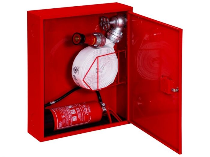 Hydrant DN 52 zawieszany, kombi pionowy doprowadzenie boczne uniwersalne wąż w koszu, zamek patent wąż 15 m 600 x 740 x 180 mm RAL 3000 czerwony