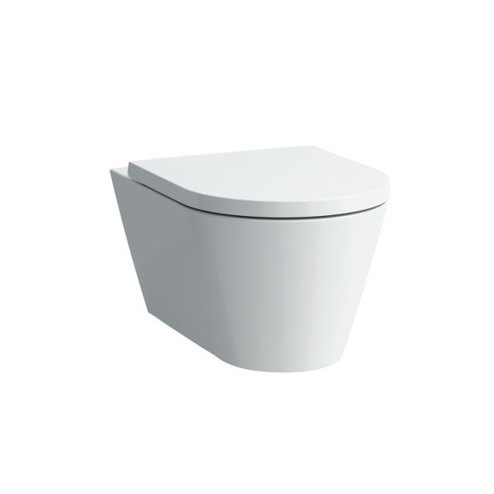 Miska WC wisząca z zamkniętym kołnierzem spłukującym Rimless Vortex, Silent Flush ceramiczny montaż na stelażu / do ściany ROCA KARTELL wirowa z zestawem montażowym 37 x 54.5 cm biała | H8213310000001