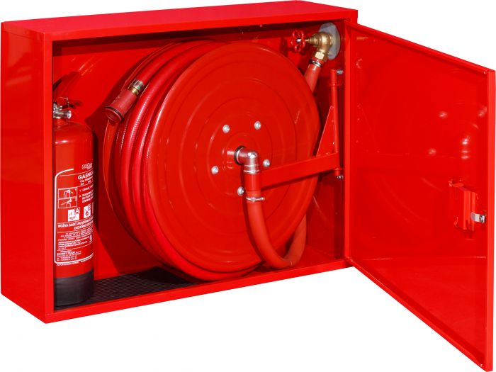 Hydrant wewnętrzny DN 25 zawieszany z miejscem na gaśnicę w układzie poziomym (obok) drzwi pełne, zamek patentowy z systemem "zbij szybkę" wąż 20 m 820 x 650 x 250 mm RAL 3000 czerwony