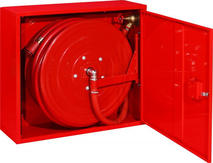 Hydrant wewnętrzny DN 25 zawieszany, uniwersalny bez miejsca na gaśnicę drzwi pełne, zamek patentowy z systemem "zbij szybkę" wąż 30 m 700 x 650 x 250 mm RAL 3000 czerwony