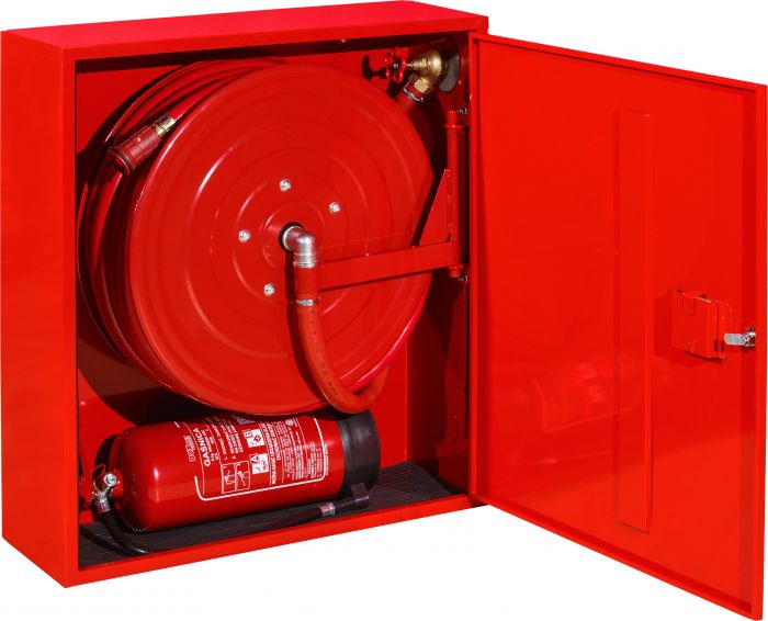 Hydrant DN 25 smukły, zawieszany, kombi pionowy doprowadzenie boczne uniwersalne zamek patent wąż 30 m 780 x 1000 x 180 mm RAL 9016 biały