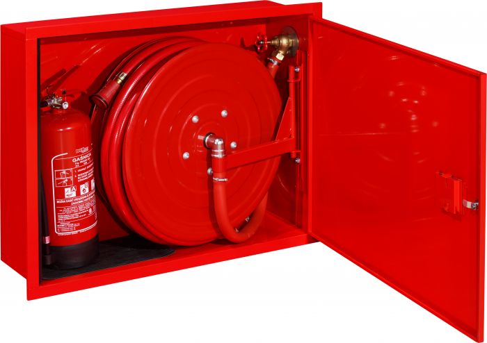 Hydrant wewnętrzny DN 25 wnękowy, uniwersalny z miejscem na gaśnicę w układzie poziomym (obok) drzwi pełne, zamek patentowy z systemem "zbij szybkę" wąż 20 m 820 x 650 x 250 mm RAL 3000 czerwony