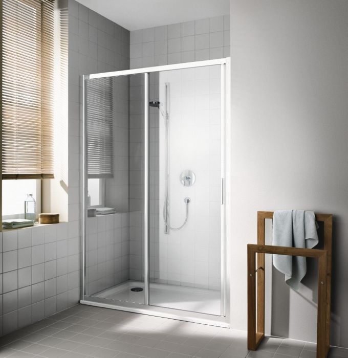 Drzwi przesuwne 2-częściowe z polem stałym KERMI ŁAZIENKI Cada XS G2L 1350 x 2000 mm białe szkło hartowane ESG przezroczyste z powłoką KermiCLEAN | CKG2L135202PK