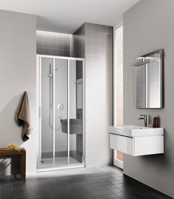 Drzwi przesuwne 3-częściowe z polem stałym KERMI ŁAZIENKI Cada XS G3R 750 x 2000 mm białe szkło hartowane ESG przezroczyste z powłoką KermiCLEAN | CKG3R075202PK
