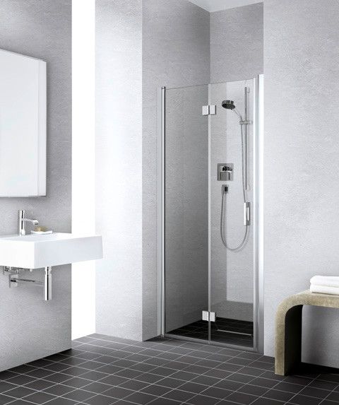 Drzwi wahadłowo-składane KERMI ŁAZIENKI Liga 2SL 1160 - 1210 x 2000 mm srebro wysoki połysk szkło hartowane ESG przezroczyste z powłoką KermiCLEAN | LI2SL12020VPK