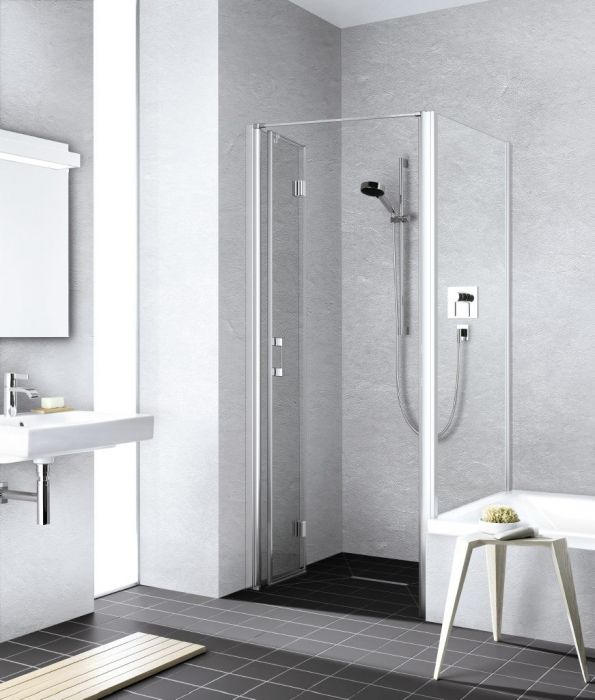 Drzwi wahadłowo-składane KERMI ŁAZIENKI Liga LI 2YR strona prawa 900 x 2000 mm srebro wysoki połysk szkło hartowane ESG przezroczyste z powłoką KermiCLEAN | LI2YR09020VPK