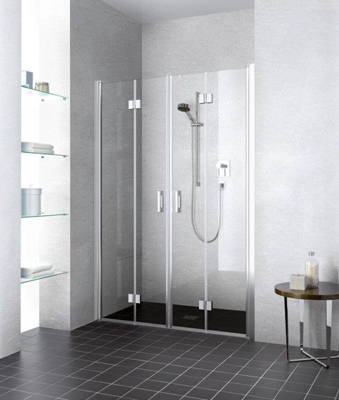 Drzwi wahadłowo-składane 4-częściowe KERMI ŁAZIENKI Liga 2T4 1310 - 1360 x 2000 mm srebro wysoki połysk szkło hartowane ESG przezroczyste z powłoką KermiCLEAN | LI2T413520VPK