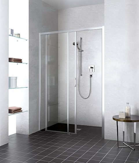 Drzwi przesuwne 2-częściowe z polem stałym KERMI ŁAZIENKI Liga D2L 1060 - 1110 x 2000 mm srebro wysoki połysk szkło hartowane ESG przezroczyste z powłoką KermiCLEAN | LID2L11020VPK