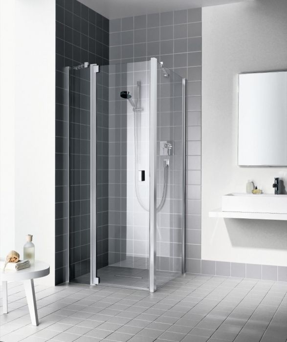 Drzwi wahadłowe 1-skrzydłowe z polem stałym KERMI ŁAZIENKI Raya 1GL 1180 - 1210 x 2000 mm srebro wysoki połysk szkło hartowane ESG przezroczyste z powłoką KermiCLEAN | RA1GL12320VPK