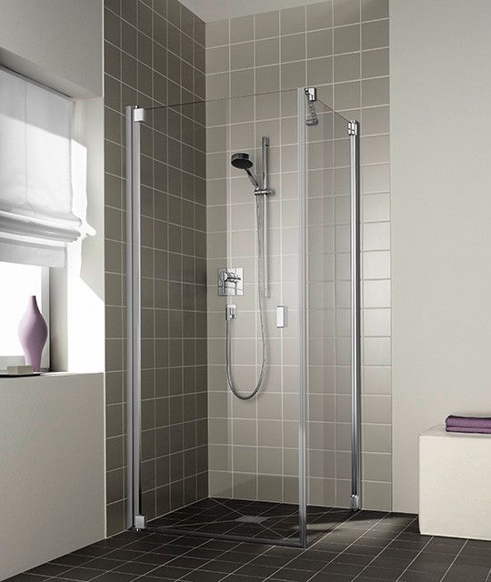 Drzwi wahadłowe 1-skrzydłowe KERMI ŁAZIENKI Raya 1KR 880 - 910 x 2000 mm srebro wysoki połysk szkło hartowane ESG przezroczyste z powłoką KermiCLEAN  | RA1KR09320VPK