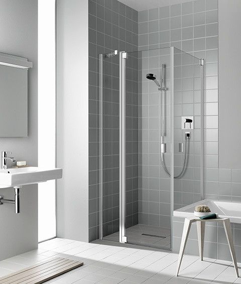 Drzwi wahadłowe 1-skrzydłowe z polem stałym KERMI ŁAZIENKI Raya 1NR 880 - 910 x 2000 mm srebro wysoki połysk szkło hartowane ESG przezroczyste z powłoką KermiCLEAN | RA1NR09320VPK
