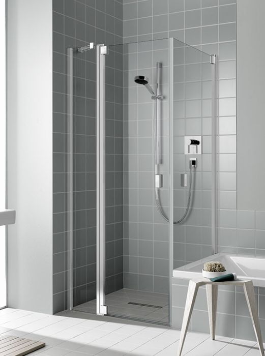 Drzwi wahadłowe 1-skrzydłowe z polem stałym KERMI ŁAZIENKI Raya RA 1NR strona prawa 800 x 2000 mm srebro wysoki połysk szkło hartowane ESG przezroczyste z powłoką KermiCLEAN | RA1NR08020VPK