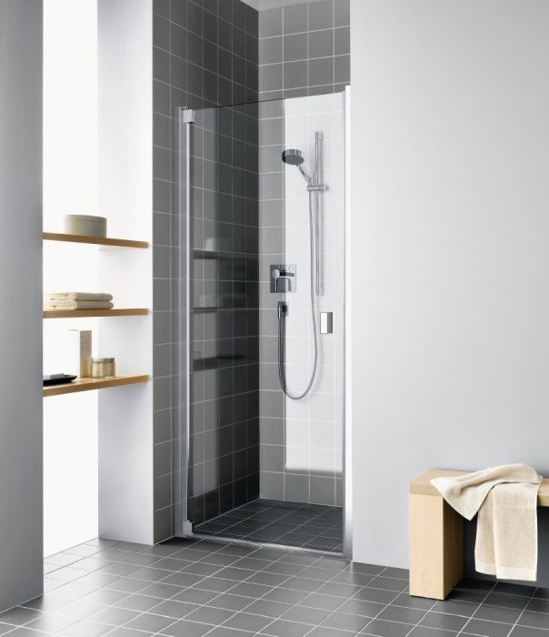 Drzwi wahadłowe 1-skrzydłowe KERMI ŁAZIENKI Raya 1WR 730 - 760 x 2000 mm srebro wysoki połysk szkło hartowane ESG przezroczyste z powłoką KermiCLEAN | RA1WR07820VPK