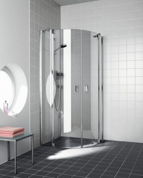 RAYA RA P55 kabina narożna półokrągły 900 x 900 x 2000 mm srebrny połysk szkło hartowane przezroczyste KERMIClean z dwoma skrzydłami drzwi i polami stałymi 
