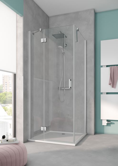 Drzwi z polem stałym KERMI ŁAZIENKI Osia OS STL strona lewa 930 x 2000 mm srebro wysoki połysk szkło hartowane ESG przezroczyste z powłoką OSIAclean | OSSTL09320VPK