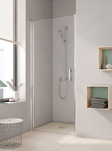 Drzwi wahadłowe 1-skrzydłowe KERMI ŁAZIENKI Pega 1WR strona prawa 850 x 2000 mm srebro wysoki połysk szkło hartowane ESG przezroczyste z powłoką KermiCLEAN | PE1WR08520VPK