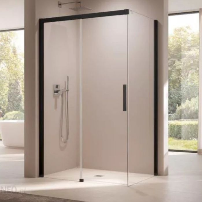 Drzwi przesuwne 2-częściowe z polem stałym KERMI ŁAZIENKI Nica NI D2L strona lewa 1600 x 2000 mm czarne soft szkło hartowane ESG przezroczyste z powłoką KermiCLEAN | NID2L160203PK
