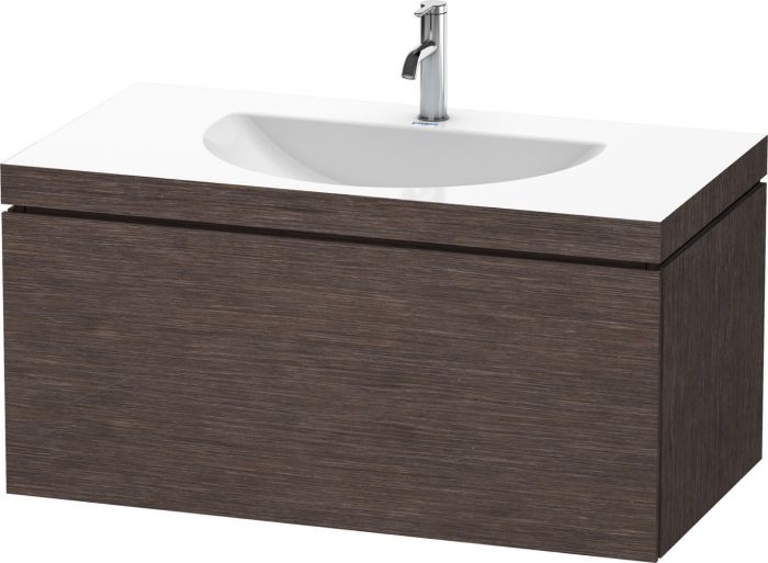 Szafka podumywalkowa 1000 x 540 x 500 mm ciemny dąb szczotkowany z 1 szufladą DURAVIT L-Cube w komplecie umywalka meblowa Darling New, bez przelewu, z półką na baterię, zawór pionowy z ceramiczną osłoną i syfon oszczędzający miejsce | LC6901O7272