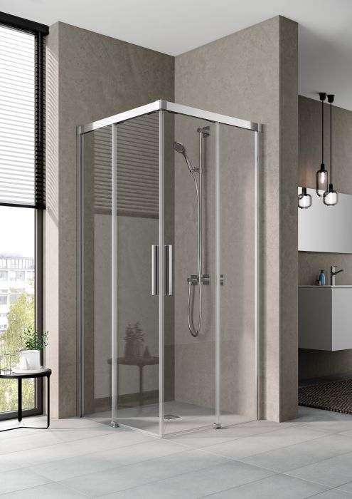Drzwi przesuwne 2-częściowe, wejście narożne nadpodłogowe KERMI ŁAZIENKI Nica NI C2L strona lewa 885-910 x 2000 mm srebro wysoki połysk szkło hartowane ESG przezroczyste z powłoką KermiCLEAN | NIC2L09020VPK