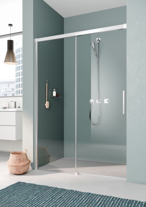 Drzwi przesuwne 2-częściowe z polem stałym KERMI ŁAZIENKI Nica NI L2L strona lewa 1100 x 2000 mm srebro wysoki połysk szkło hartowane ESG przezroczyste z powłoką KermiCLEAN | NIL2L11020VPK