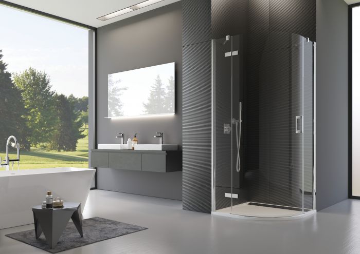 Kabina z drzwiami jednoczęściowymi półokrągły SANSWISS PUR P3P 900 x 2000 mm chrom szkło hartowane przezroczyste z powłoką AQUAPERLE | P3PD550901007