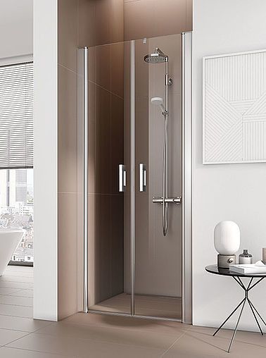 Drzwi wahadłowe 2-skrzydłowe KERMI ŁAZIENKI Pega PTD 1000 x 2000 mm srebro wysoki połysk szkło hartowane ESG przezroczyste z powłoką KermiCLEAN | PEPTD10320VPK
