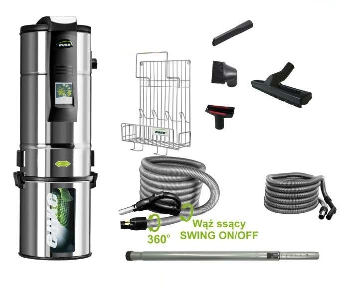 Odkurzacz centralny Enke CMO16I w zestawie: ssawka do podłogi 30 cm SZN345, ssawka szczelinowa ACS002, ssawka okrągła z włosiem ACS005, ssawka do tapicerki ACS004, wąż SWING ON/OFF 9m ZAS083, rura teleskopowa SZN
