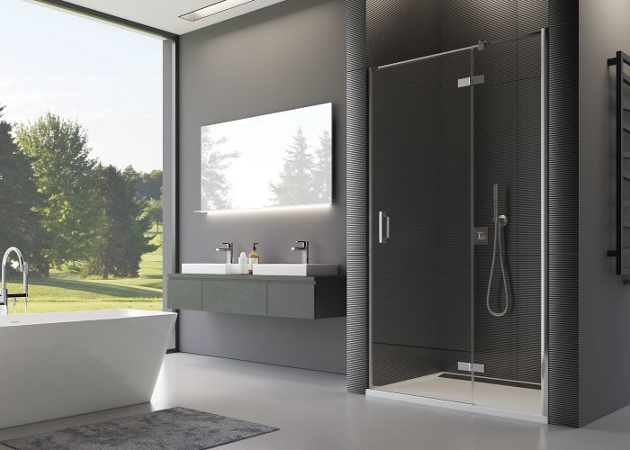 Drzwi 1-częściowe ze ścianką stałą w linii SANSWISS PUR PU13P strona prawa 1000 x 2000 mm chrom szkło hartowane przezroczyste z powłoką AQUAPERLE | PU13PD1001007