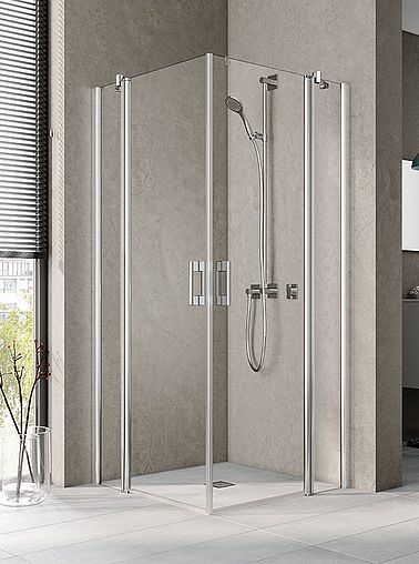 Drzwi wahadłowe, wejście narożne KERMI ŁAZIENKI Pega PE EPL strona lewa 830 x 2000 mm srebro wysoki połysk szkło hartowane ESG przezroczyste z powłoką KermiCLEAN | PEEPL08320VPK