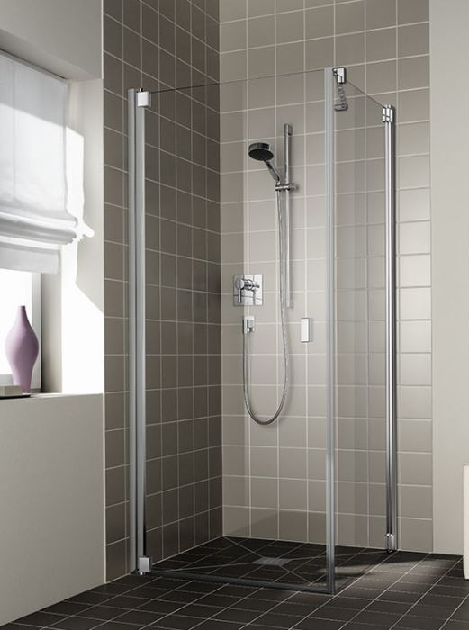Drzwi wahadłowe 1-skrzydłowe KERMI ŁAZIENKI Raya RA 1KR strona prawa 800 x 2000 mm srebro wysoki połysk szkło hartowane ESG przezroczyste z powłoką KermiCLEAN | RA1KR08320VPK