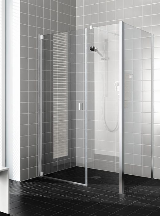 Drzwi wahadłowe 1-skrzydłowe z polem stałym KERMI ŁAZIENKI Raya RA 1OR strona prawa 1500 x 2000 mm srebro wysoki połysk szkło hartowane ESG przezroczyste z powłoką KermiCLEAN | RA1OR15020VPK