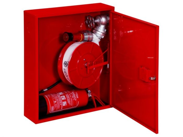 Hydrant DN 52 zawieszany, kombi pionowy doprowadzenie boczne uniwersalne wąż w koszu, zamek patent wąż 20 m 600 x 740 x 180 mm RAL 3000 czerwony