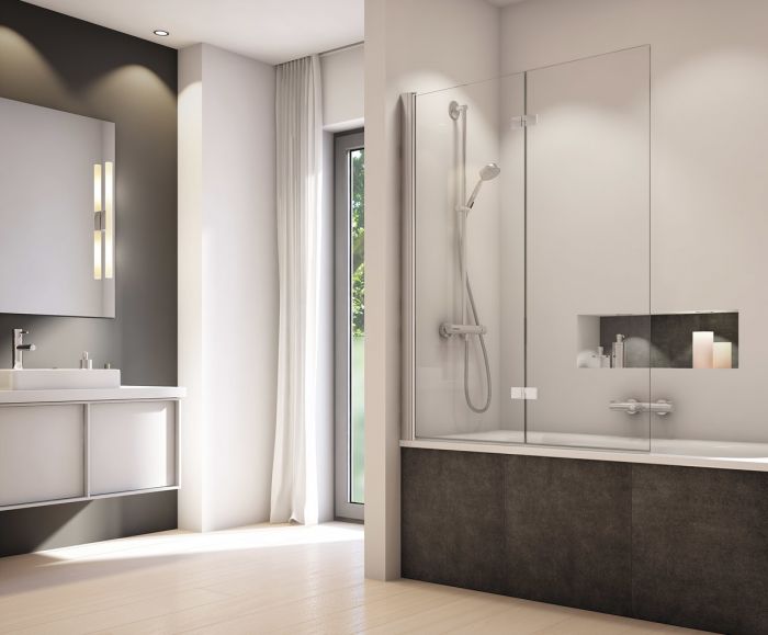Parawan dwucześciowy składany SANSWISS SOLINO SOLB2 strona lewa 900 x 1500 mm czarny mat szkło hartowane przezroczyste z powłoką AQUAPERLE | SOLB2G0900607