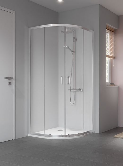 Kabina ćwierćkolista, drzwi przesuwne półokrągły KERMI ŁAZIENKI Stina ST R55 R550 900 x 1950 mm srebro wysoki połysk szkło hartowane ESG przezroczyste z powłoką CLEAN | STR5509019VPK