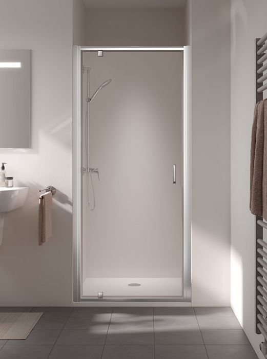 Drzwi wahadłowe 1-skrzydłowe z przesuniętym punktem obrotu KERMI ŁAZIENKI Stina 900 x 1950 mm srebro wysoki połysk szkło hartowane ESG przezroczyste z powłoką CLEAN | STKOP09019VPK