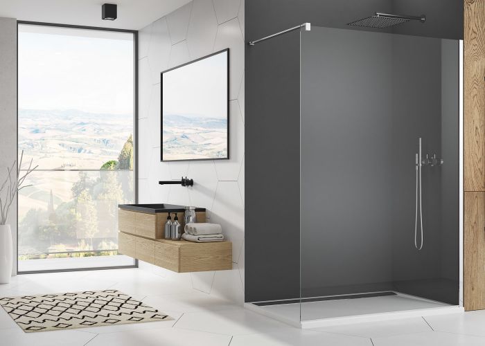 Ścianka boczna wolnostojąca WALK-IN SANSWISS EASY STR4P 1000 x 2000 mm srebrna połysk szkło hartowane dekor kratka 61 z powłoką AQUAPERLE | STR4P1005061