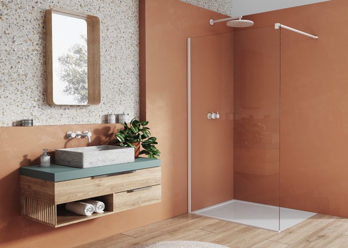 Ścianka boczna wolnostojąca WALK-IN SANSWISS EASY STR4P 1100 x 2000 mm biała mat szkło hartowane przezroczyste z powłoką AQUAPERLE | STR4P1100907