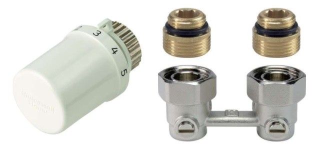 Zestaw grzejnikowy do grzejników dolnozasilanych HONEYWELL TL3095 1/2" zawiera: głowicę Thera-6, zawór podwójny prosty V2495 z uszczelnieniem stożkowym | TL3095DY15A