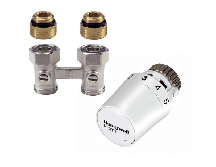 Zestaw grzejnikowy prosty, 2-rurowy do grzejników dolnozasilanych HONEYWELL T5019DA 1/2" głowica T5019DA zawór podwójny z odcięciem V2496DY015 | TL5096DY15RA