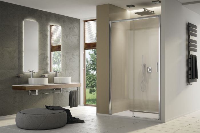 Drzwi rozsuwane 2-częściowe SANSWISS TOP-LINE-S TLS2 strona prawa 1400 x 2000 mm srebrne matowe szkło hartowane Pas satynowy poziomy z powłoką AQUAPERLE | TLS2D1400151