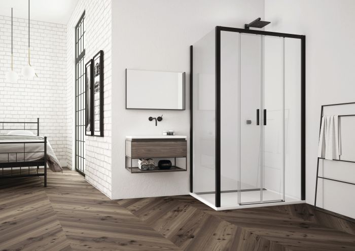 Drzwi rozsuwane czteroczęściowe SANSWISS TOP-LINE-S TLS4 1000 x 2000 mm czarne mat szkło hartowane przezroczyste z powłoką AQUAPERLE | TLS41200607