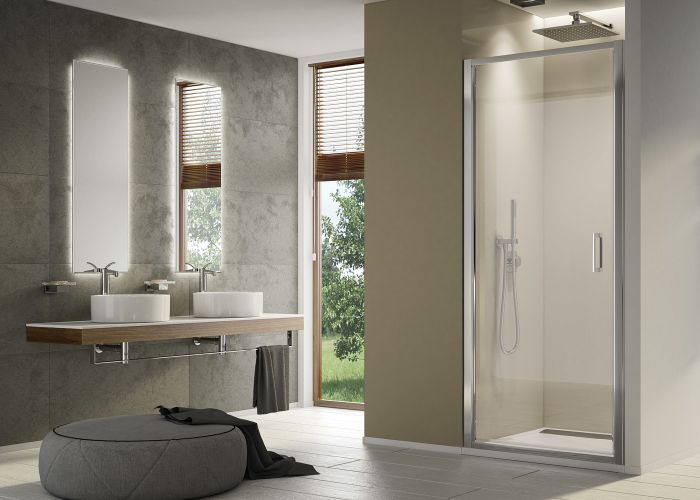 Drzwi wahadłowe jednoczęściowe SANSWISS TOP-LINE S TLSP 900 x 2000 mm srebrne połysk szkło hartowane przezroczyste z powłoką AQUAPERLE | TLSP0905007