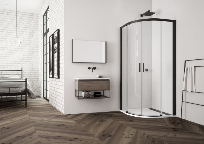 Kabina z drzwiamy rozsuwanymi półokrągły SANSWISS TOP-LINE-S TLSR R550 800 x 2000 mm czarna matowa szkło hartowane przezroczyste z powłoką AQUAPERLE | TLSR550800607