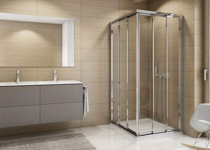 Drzwi rozsuwane trzyczęściowe, wejście narożne SANSWISS TOP-LINE TOE3 strona prawa 1200 x 1900 mm srebrne połysk szkło hartowane przezroczyste z powłoką AQUAPERLE | TOE3D12005007